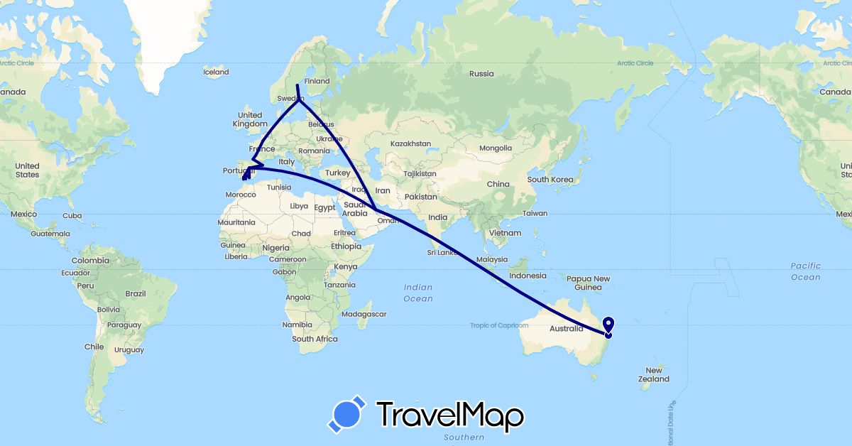 TravelMap itinerary: driving in Australia, Spain, France, Qatar, Sweden (Asia, Europe, Oceania)
